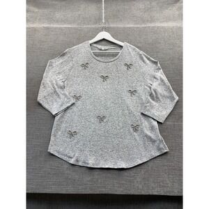 Kiss & Fly Sweater Womens XL Gray Marled Beaded Bow Round Neck Preppy Curved Hem